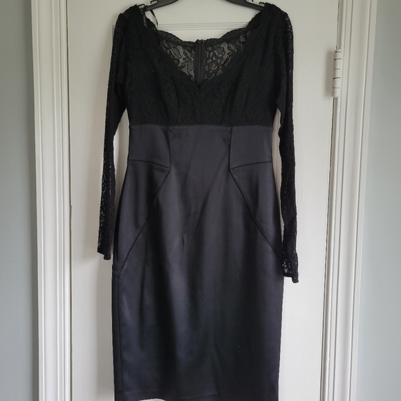 Size 4 Maggy London, black satin bottom, lace long sleeved off shoulder dress - Picture 1 of 4